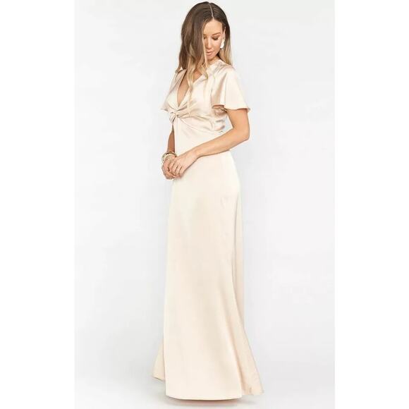 Show Me Your Mumu Satin Twist Front Maxi Dress Short Sleeve Champagne XS - Picture 2 of 10